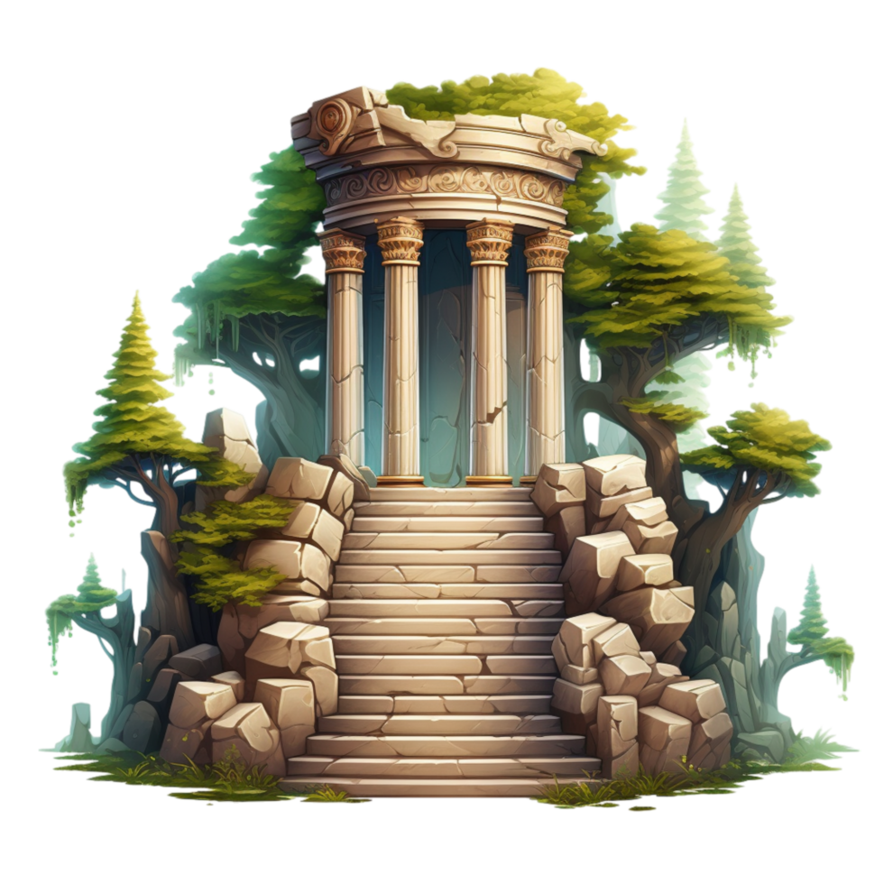 Ancient stone temple tall columns surrounded by lush green trees rocky steps png