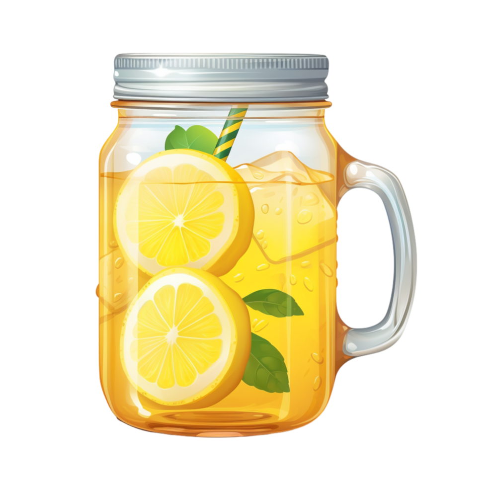 Refreshing jar of lemonade slices of lemon mint leaves png
