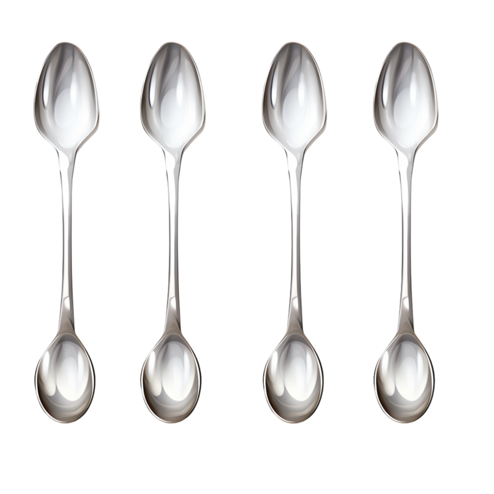 Set of five identical silver spoons arranged in a row png