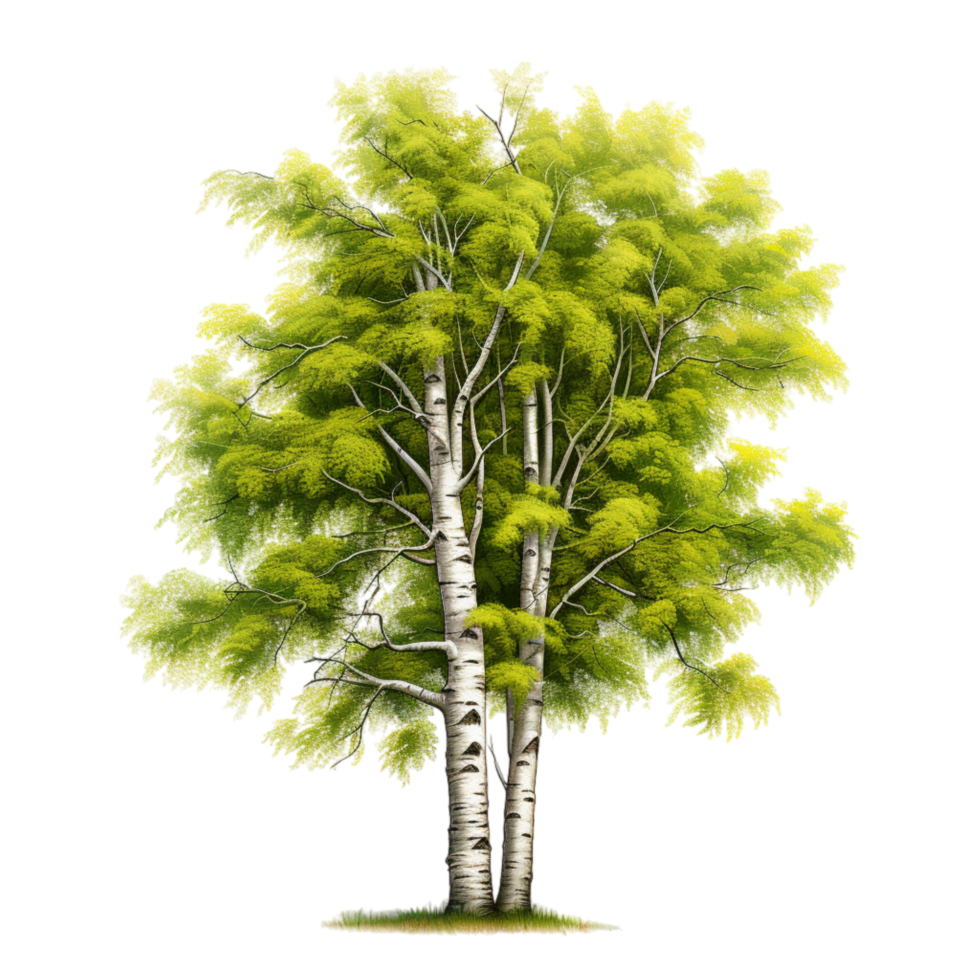 Tall vibrant birch tree bright green leaves sting against a clear png