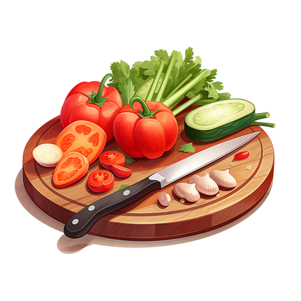 Freshly sliced vegetables arranged on a wooden cutting board png
