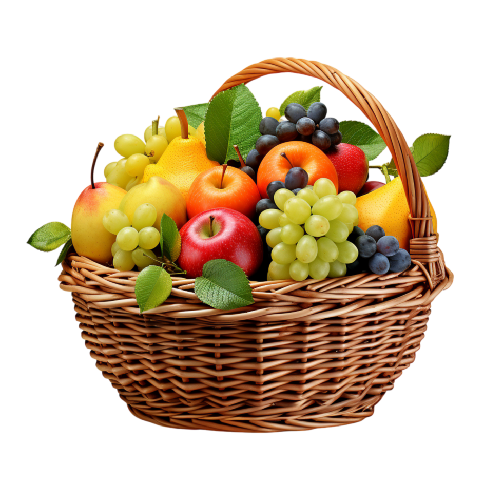 Wicker basket filled a variety of fresh ripe fruits png
