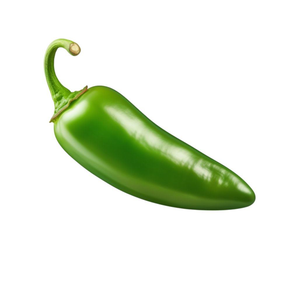 Fresh green chili pepper a curved stem smooth shiny surface png