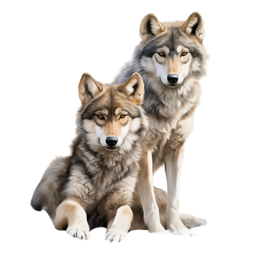 Two majestic wolves sitting together a strong protective look png