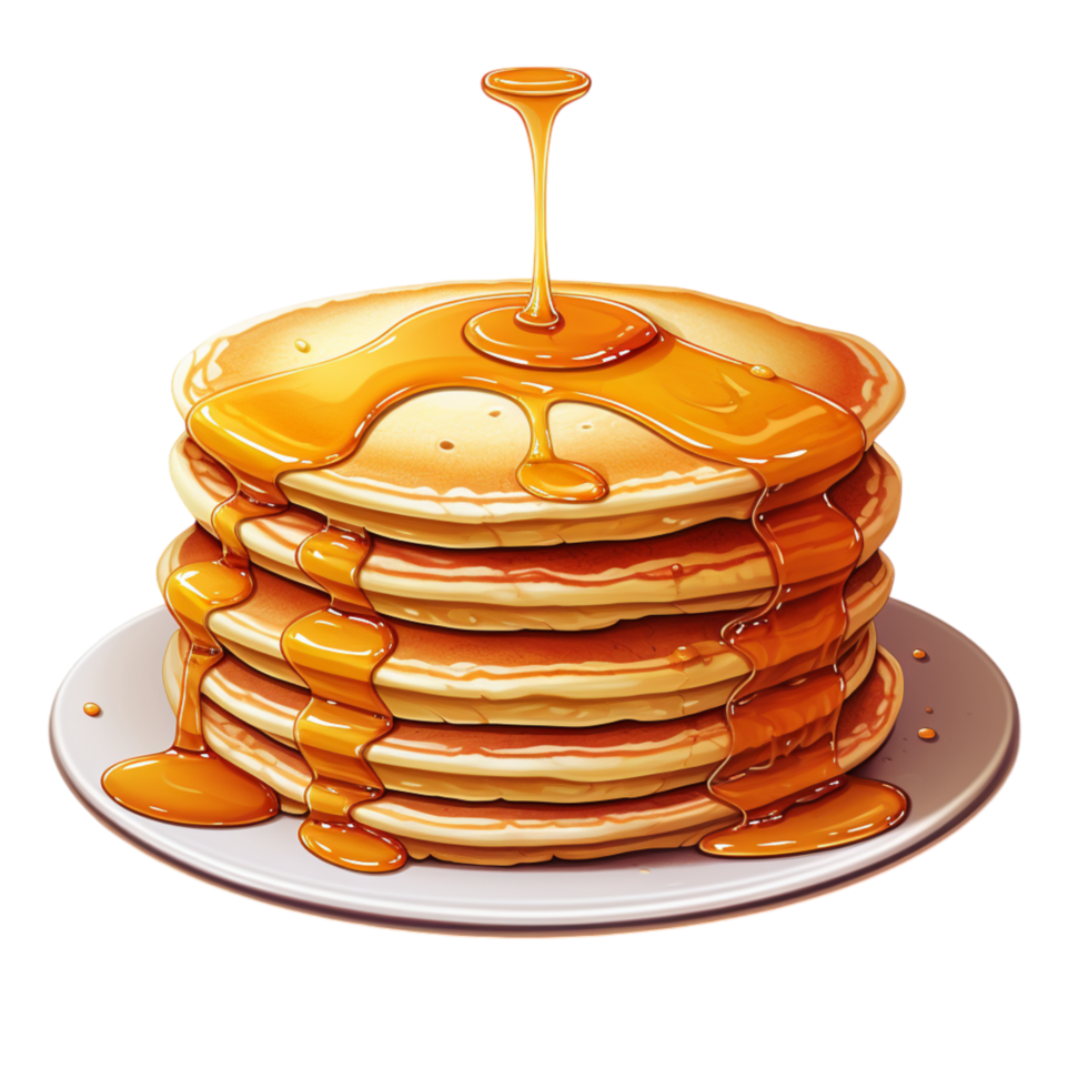 Stack of golden fluffy pancakes topped syrup dripping down png