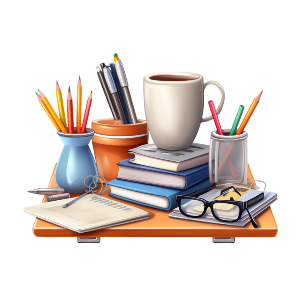 Desk books pencils a coffee mug scattered stationery items png