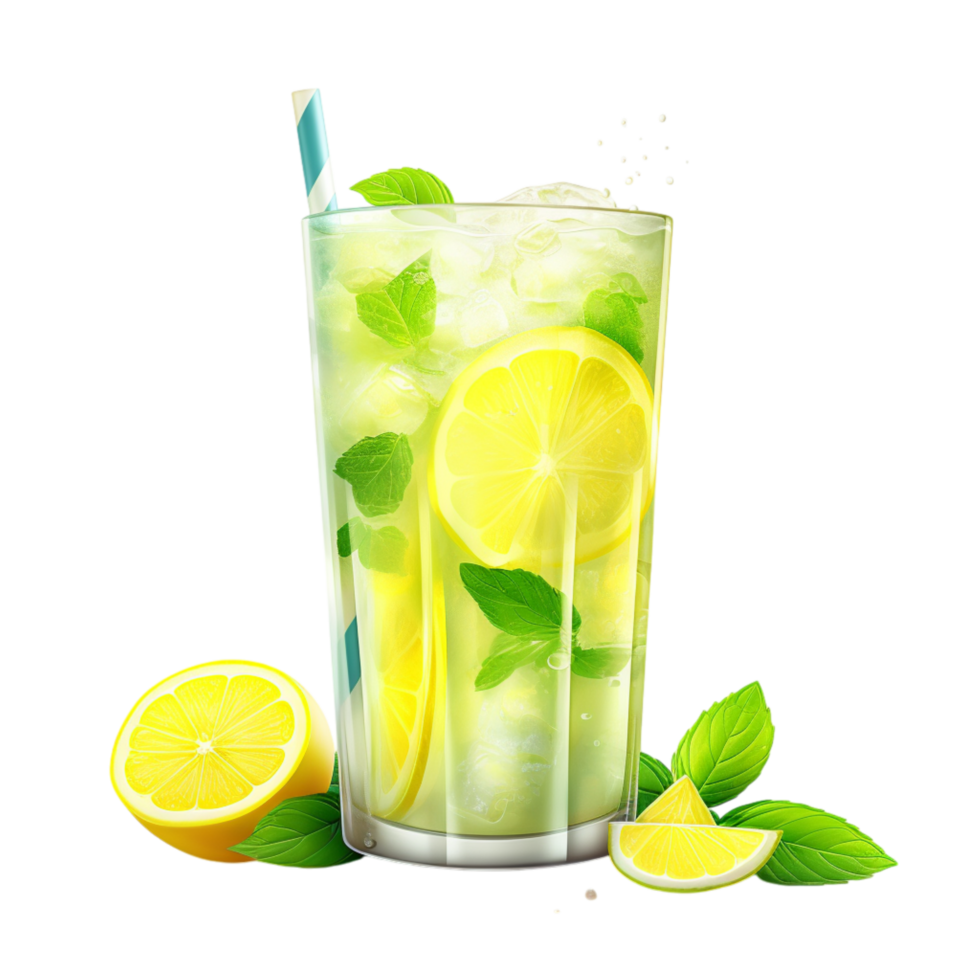Refreshing lemonade in a glass ice cubes lemon slices mint leaves png
