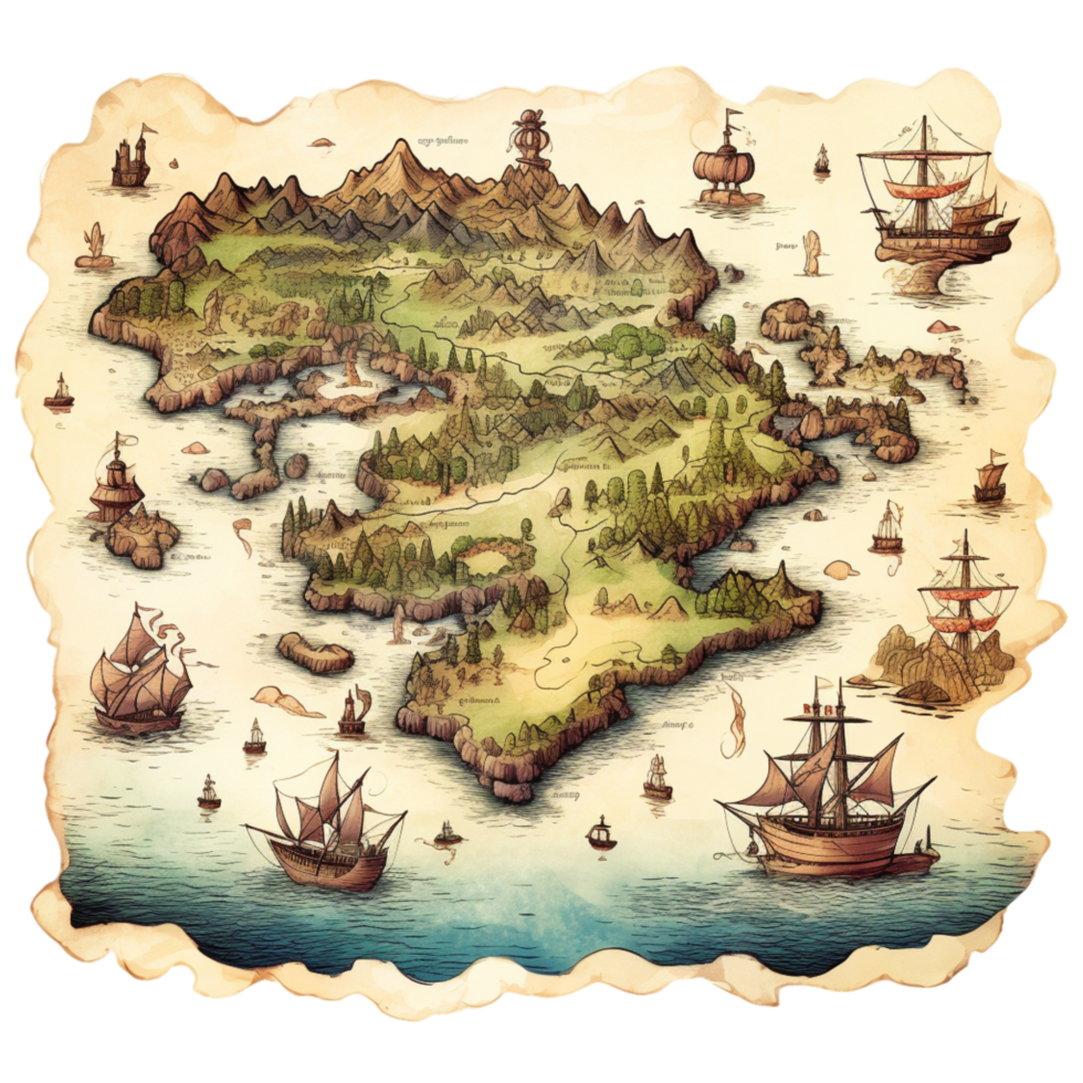 Old treasure map drawings of mountains forests pirate ships png