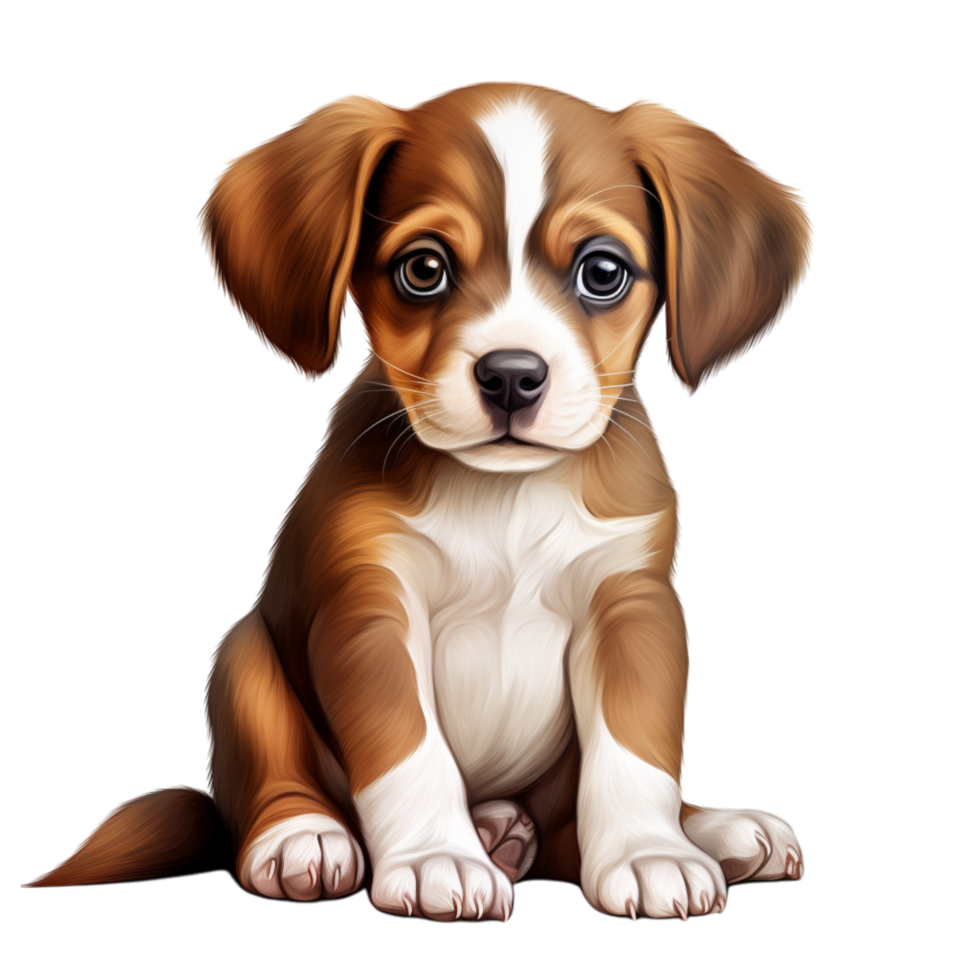 Adorable brown white puppy sitting a curious innocent expression png