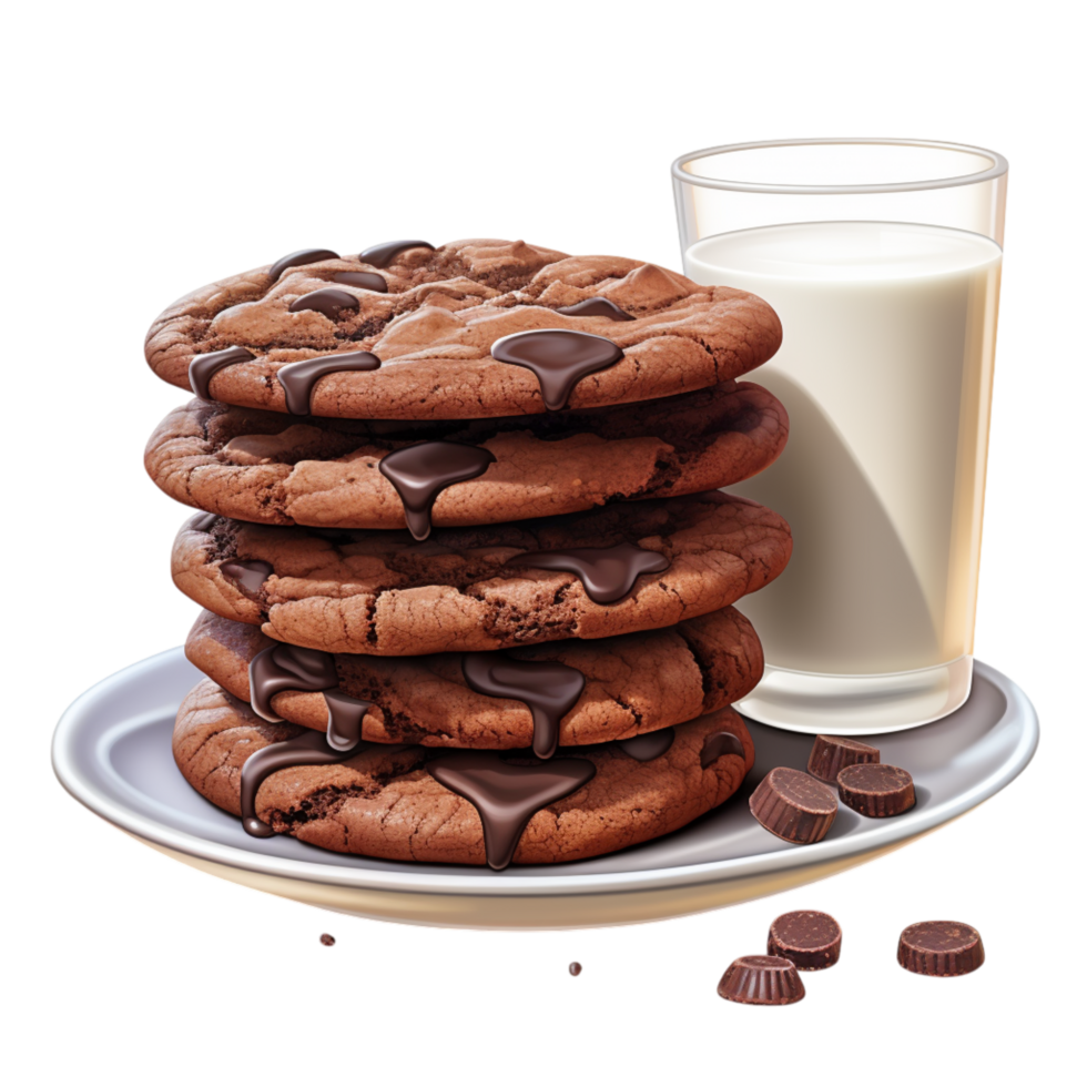 Stack of chocolate chip cookies a glass of fresh milk png