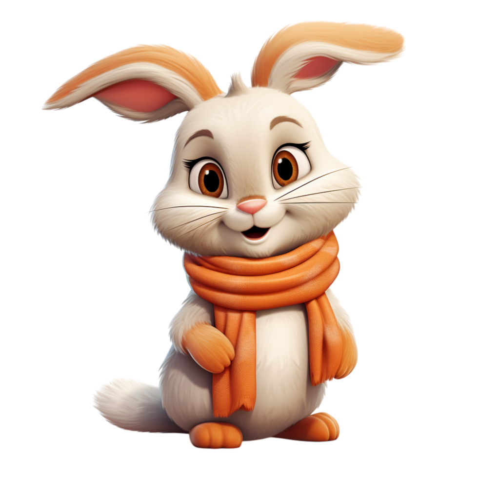Cute fluffy rabbit wearing a warm orange scarf smiling png