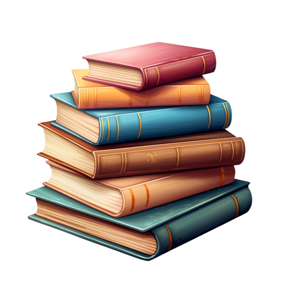 Neatly stacked pile of old new hardcover books in various colors png