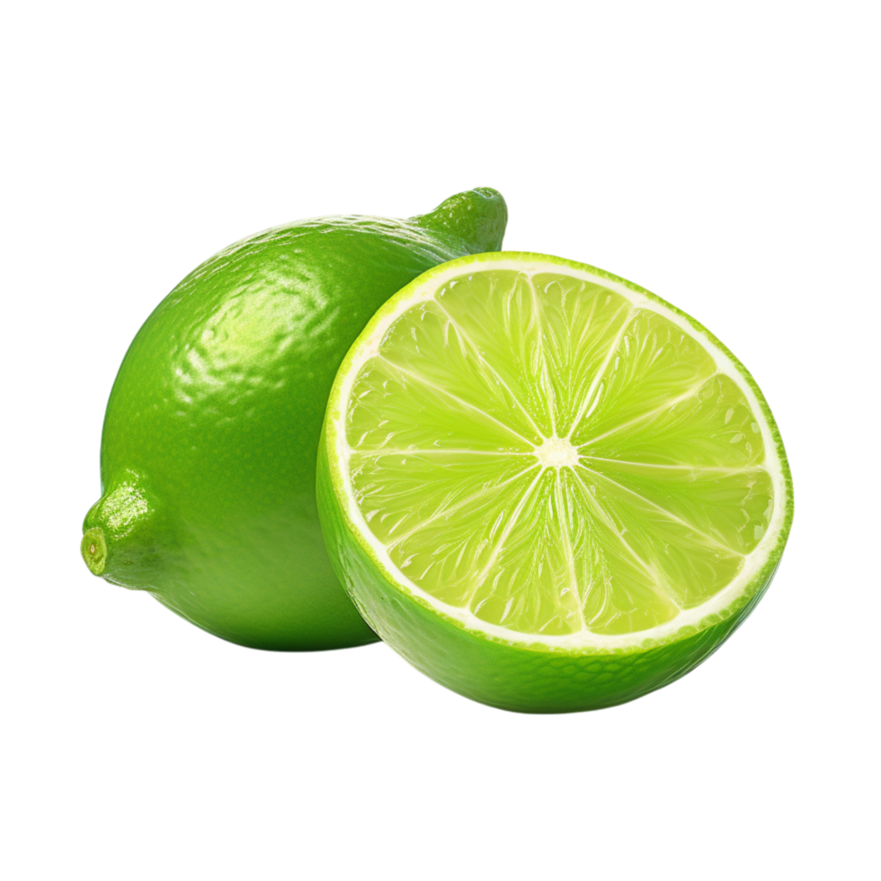 Bright green limes one sliced open revealing its juicy interior png