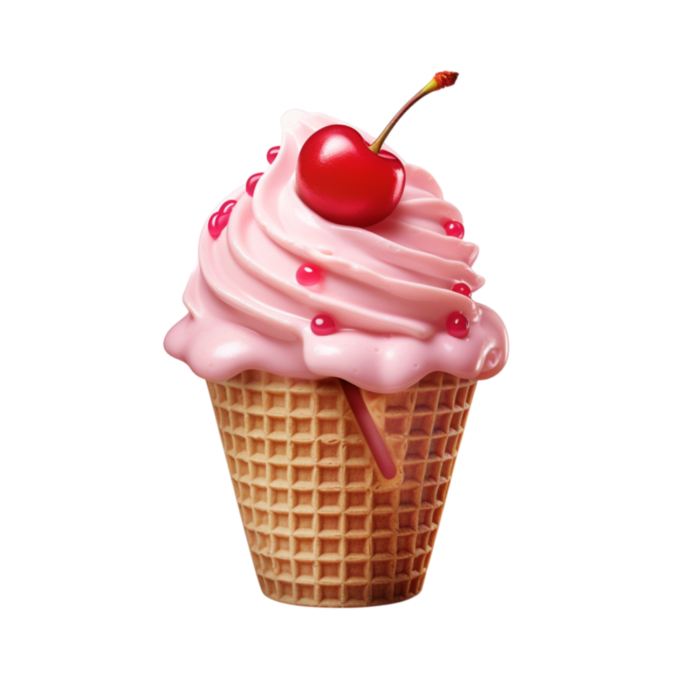 Ice cream cone topped with whipped cream and cherry png