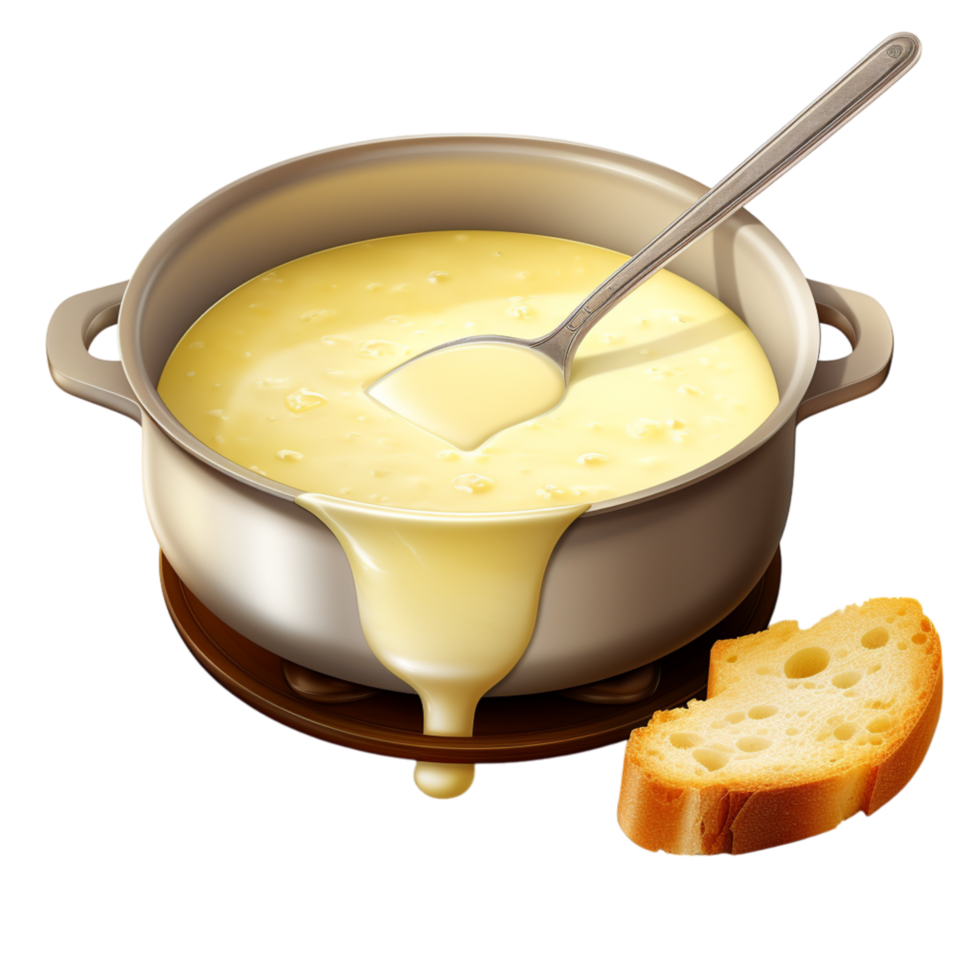 Creamy melted cheese in a small pot with a spoon inside png