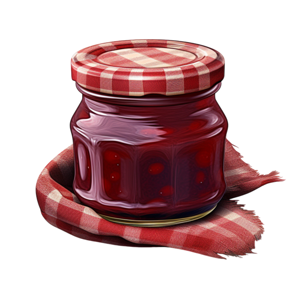 Jar of red fruit jam with a tightly sealed metal lid png