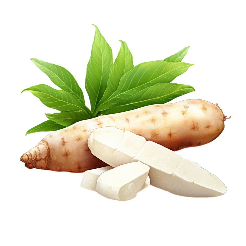 Fresh yams with leafy greens and earthy skin png