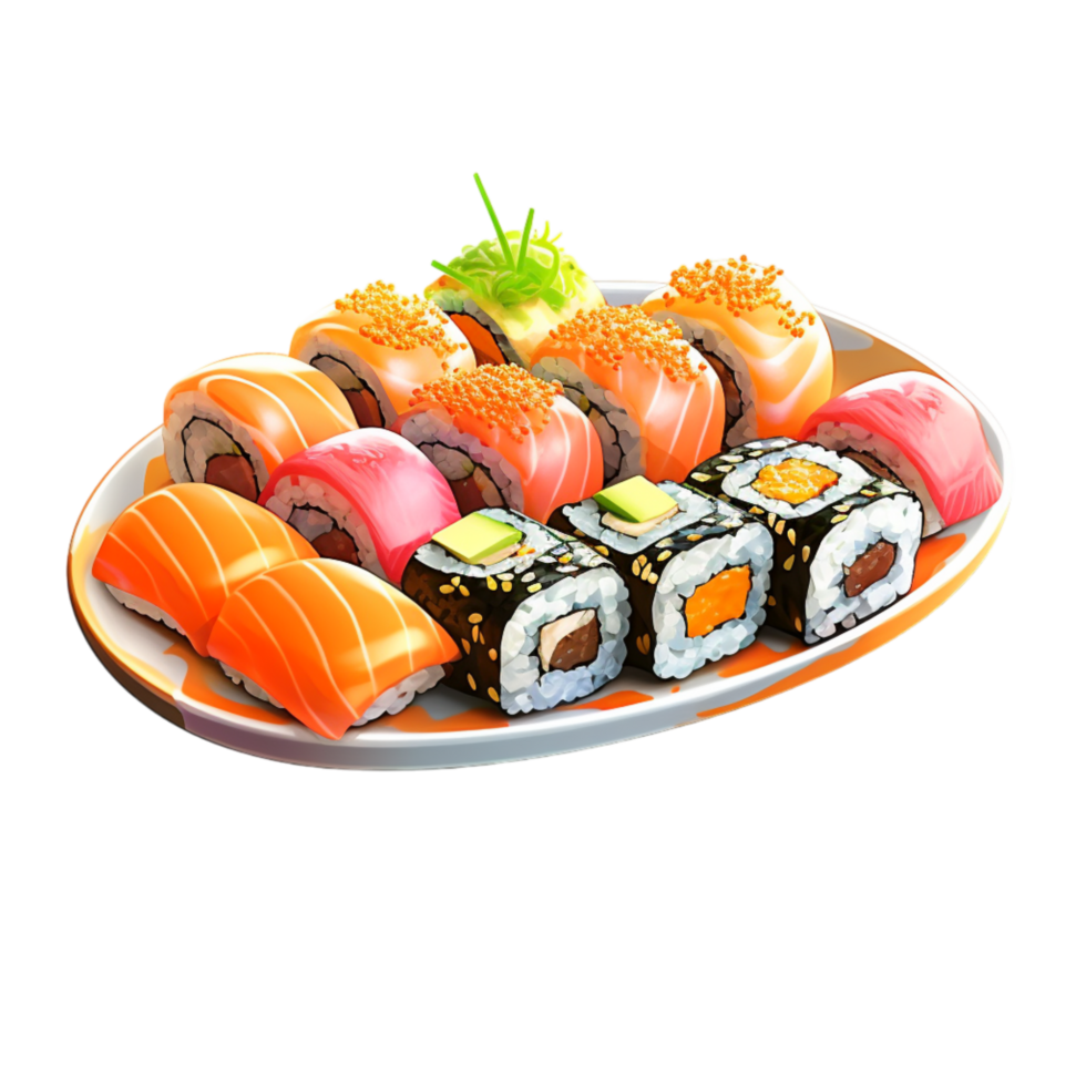 Delicious sushi platter with assorted rolls and chopsticks png