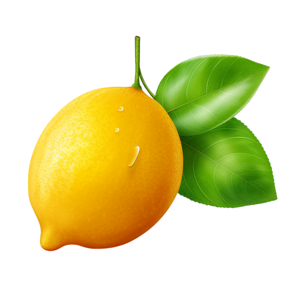 Fresh yellow lemon with a green leaf attached png
