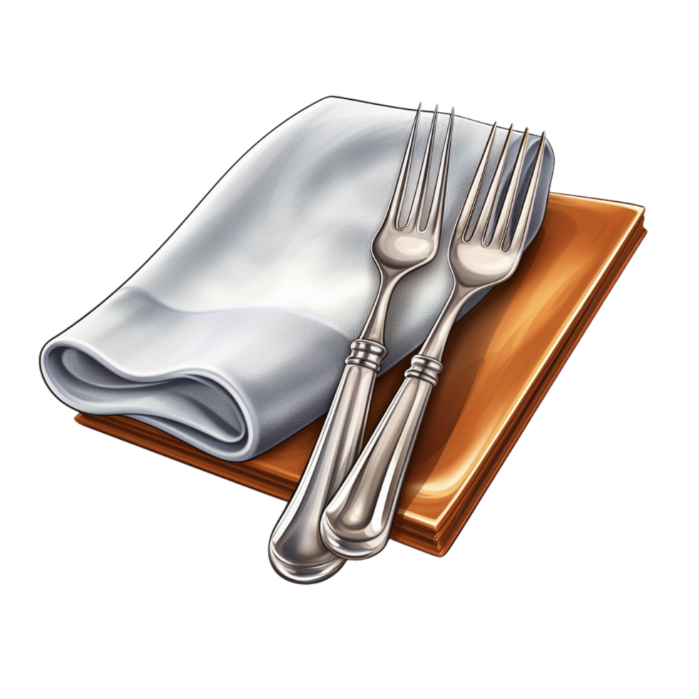 Neatly folded napkin with a spoon on a wooden tray png