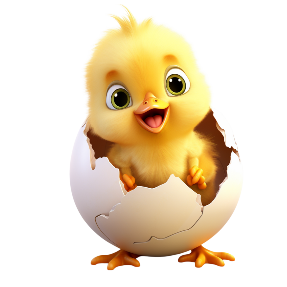 Cute, fluffy yellow chick emerging from a cracked eggshell png