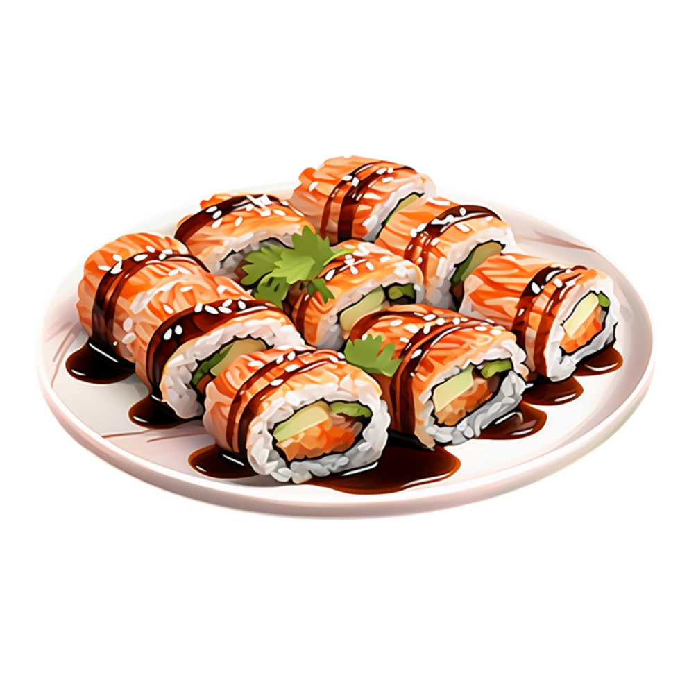 Plate of sushi rolls served with soy sauce png