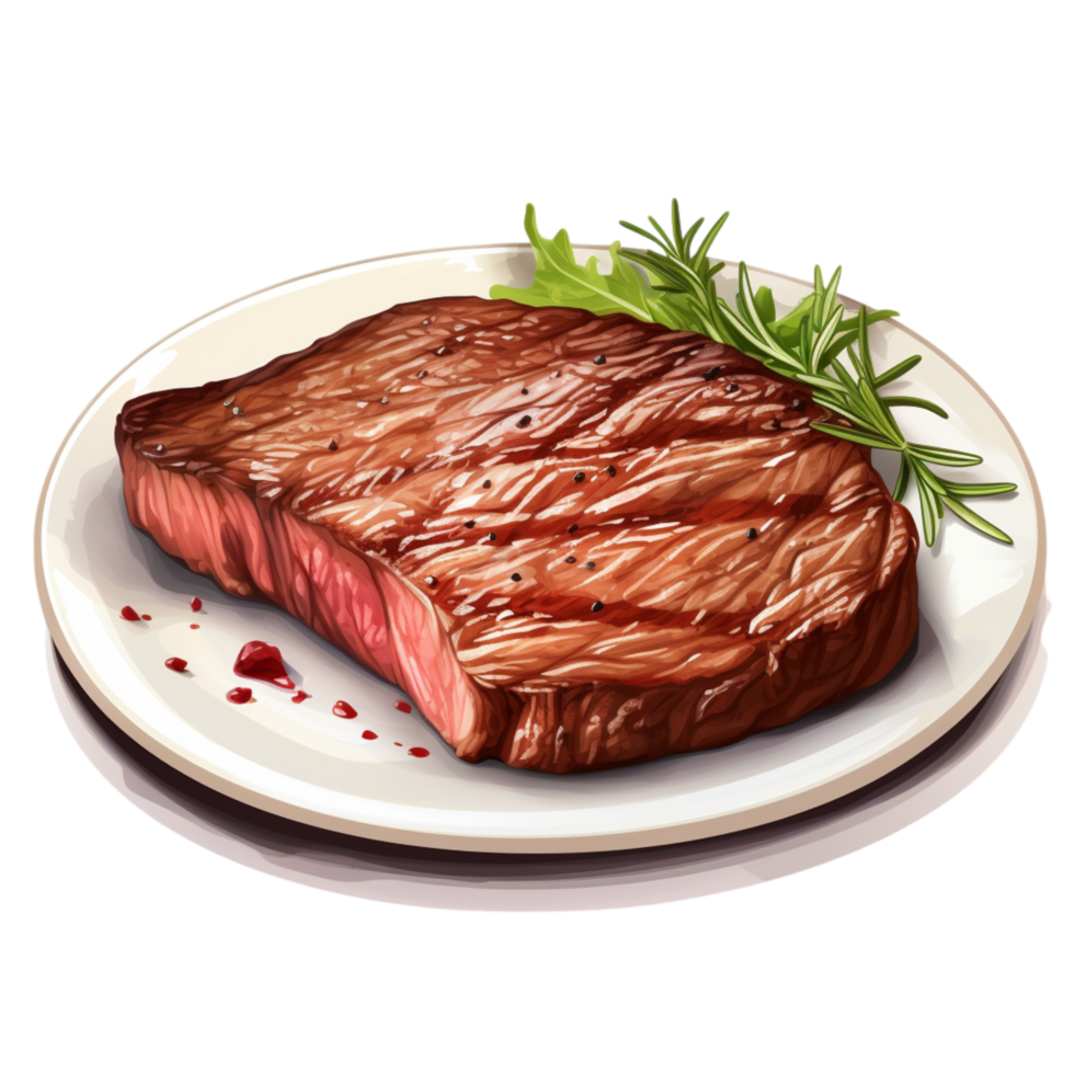 Juicy grilled steak on a plate covered in rich sauce png