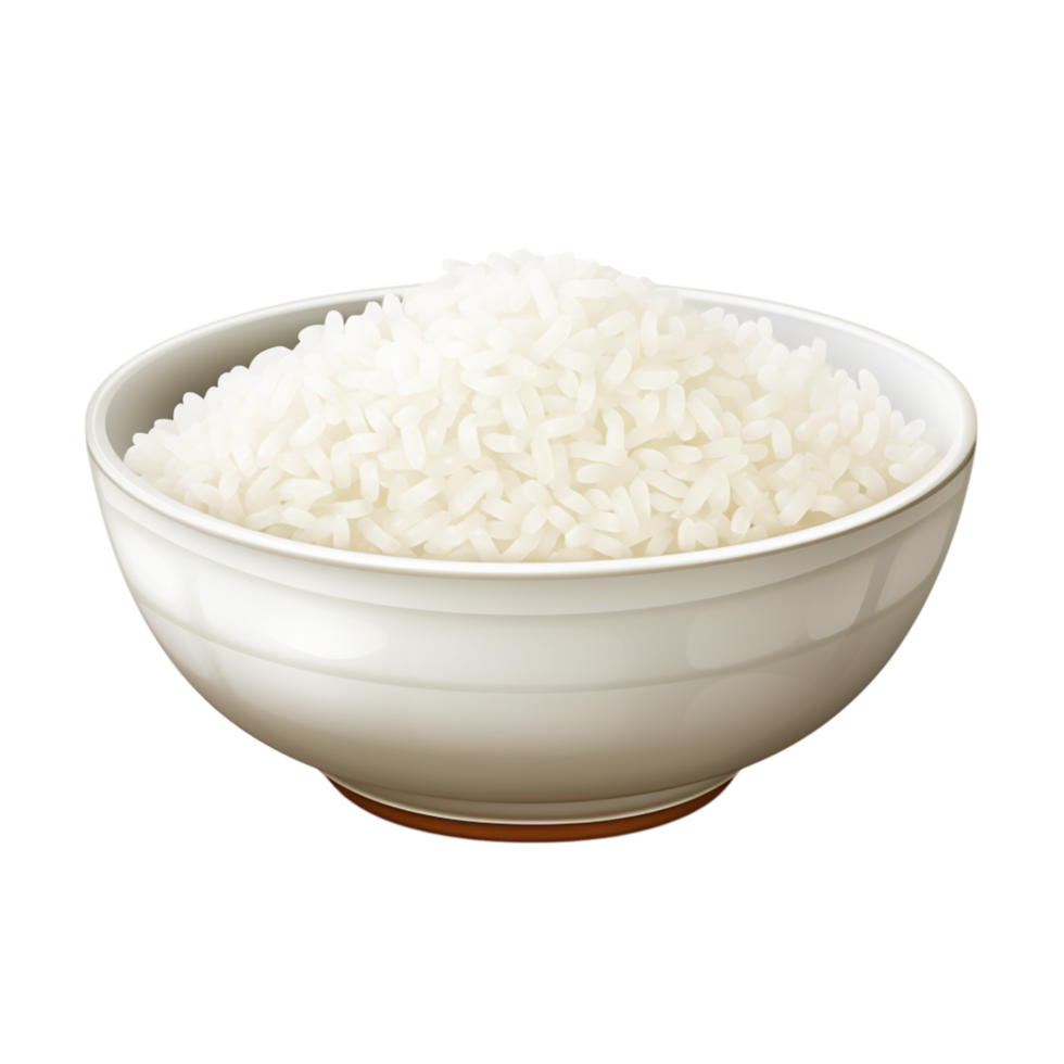 White rice piled in a round ceramic bowl with a blue rim and a slightly curved shape png