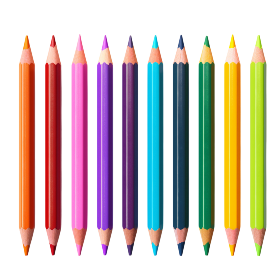 Neatly arranged colored pencils in vibrant shades standing upright with sharpened tips png