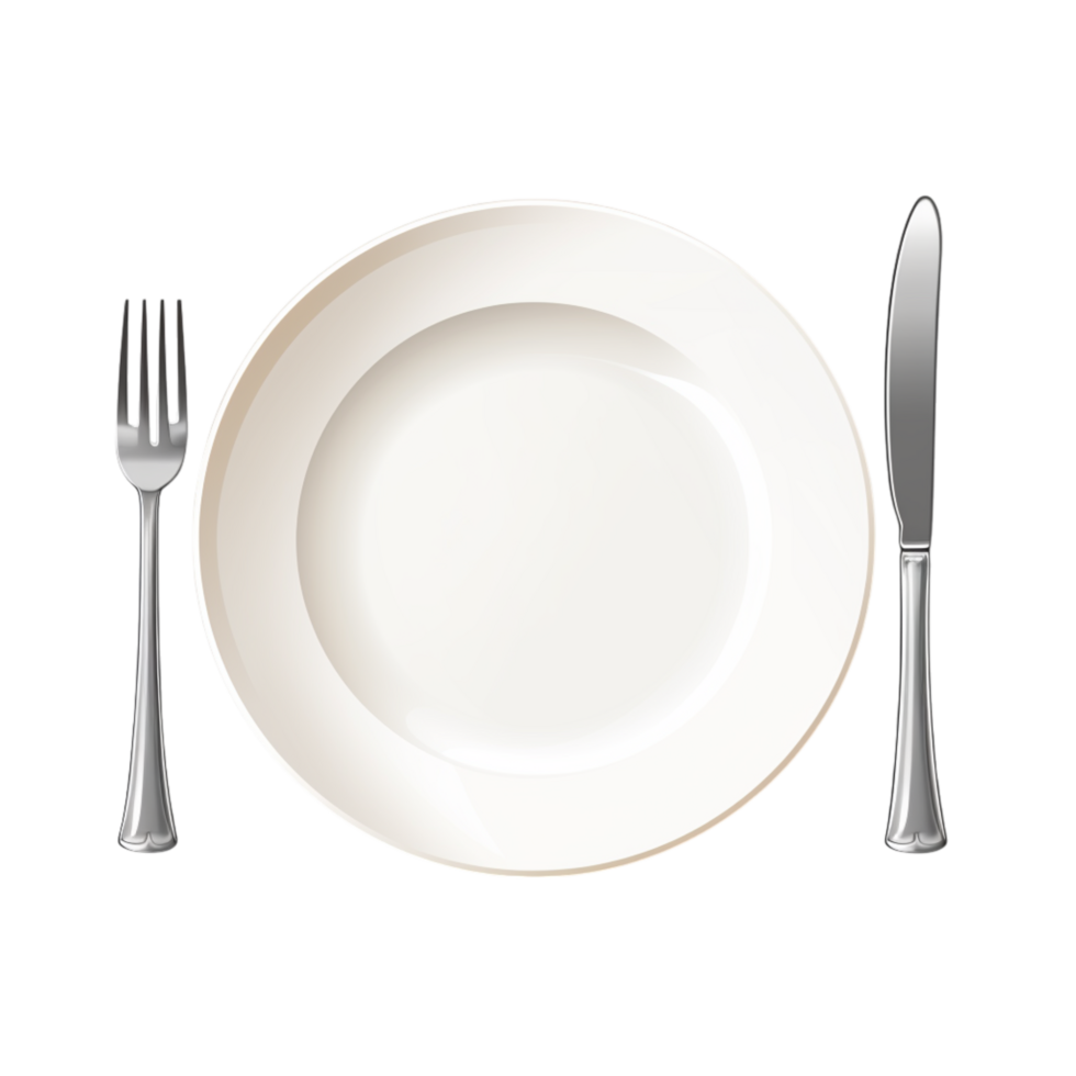 White ceramic plate with a fork and knife neatly placed beside it png