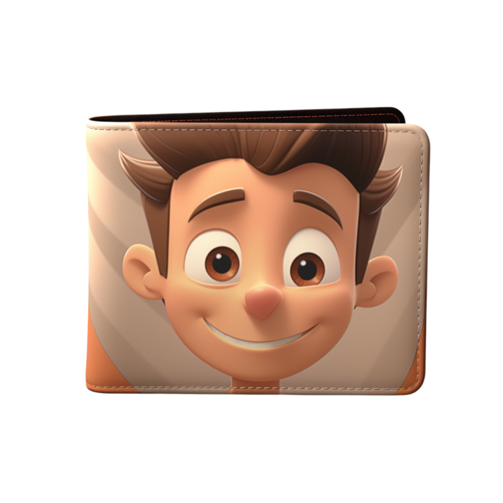 Brown leather wallet featuring a happy cartoon dog with floppy ears and a big smile png