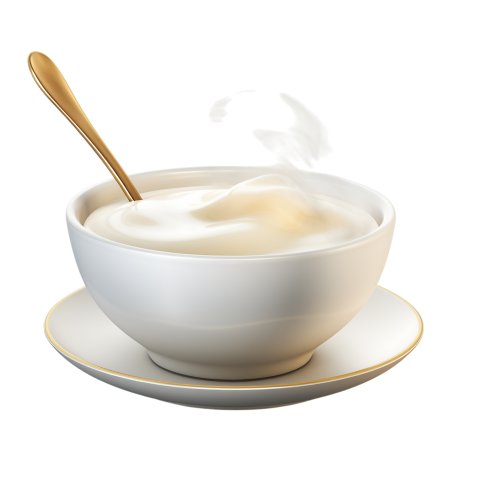 Bowl of creamy orange soup with a silver spoon and garnish png
