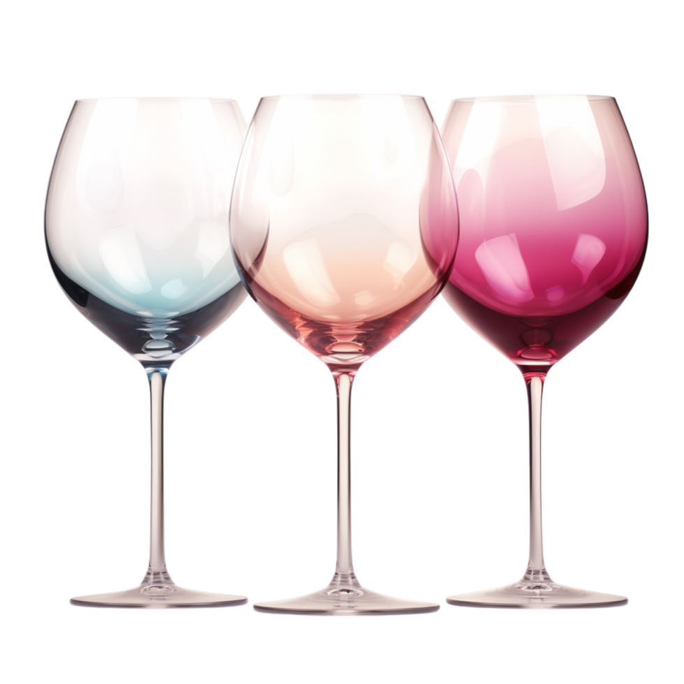 Five elegant wine glasses filled with vibrant drinks png