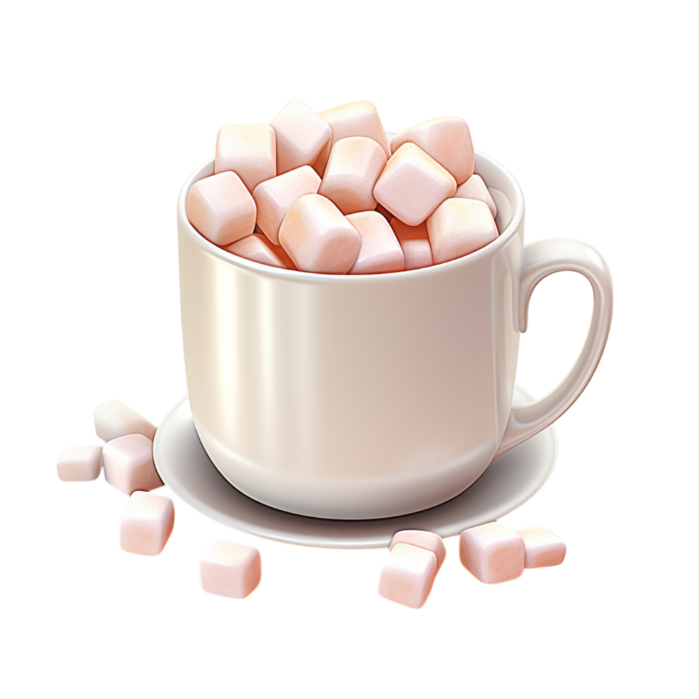 Hot cup of cocoa with fluffy white marshmallows and a saucer png