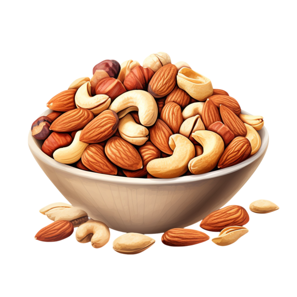 Wooden bowl filled with assorted crunchy nuts png
