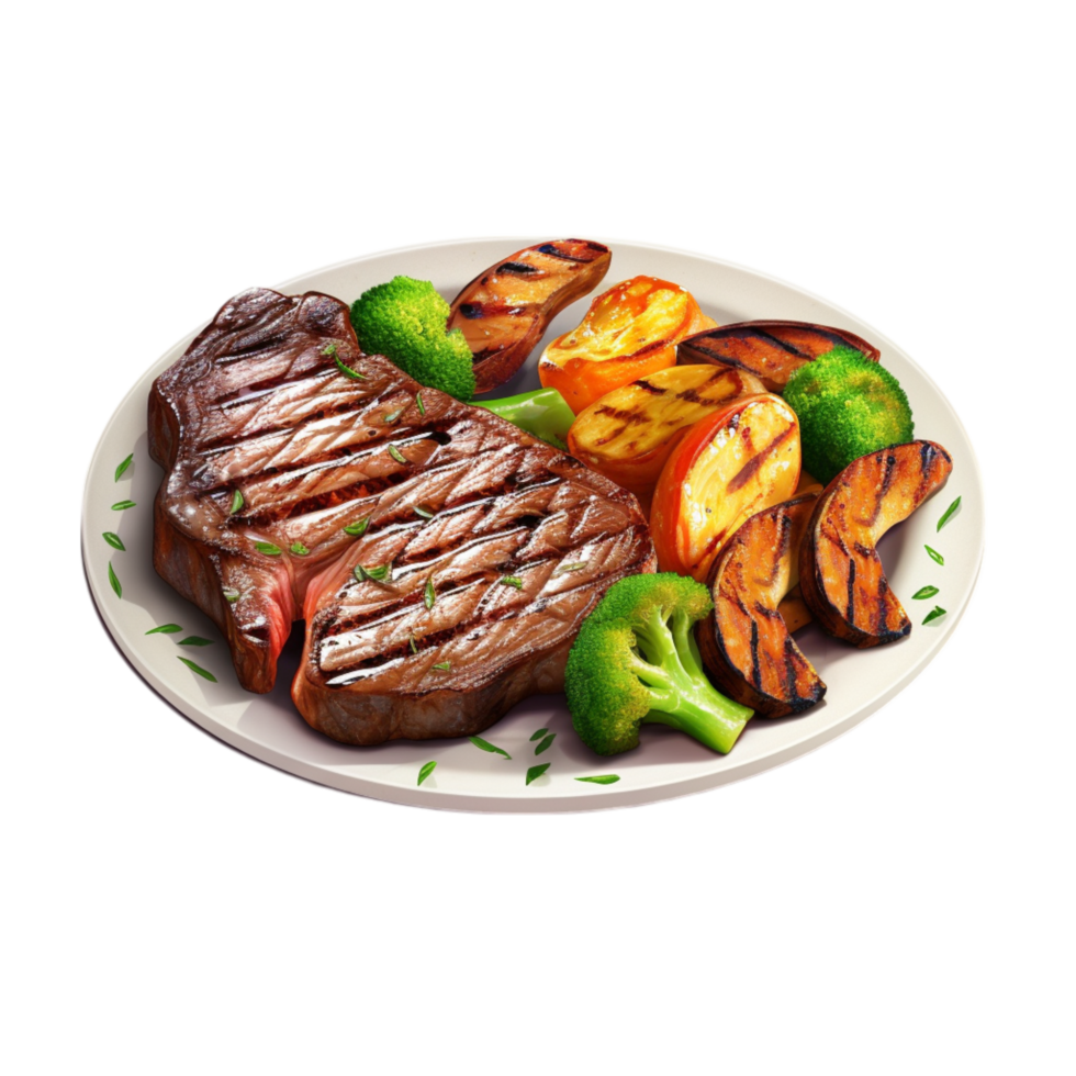Grilled steak with roasted vegetables on a white plate png