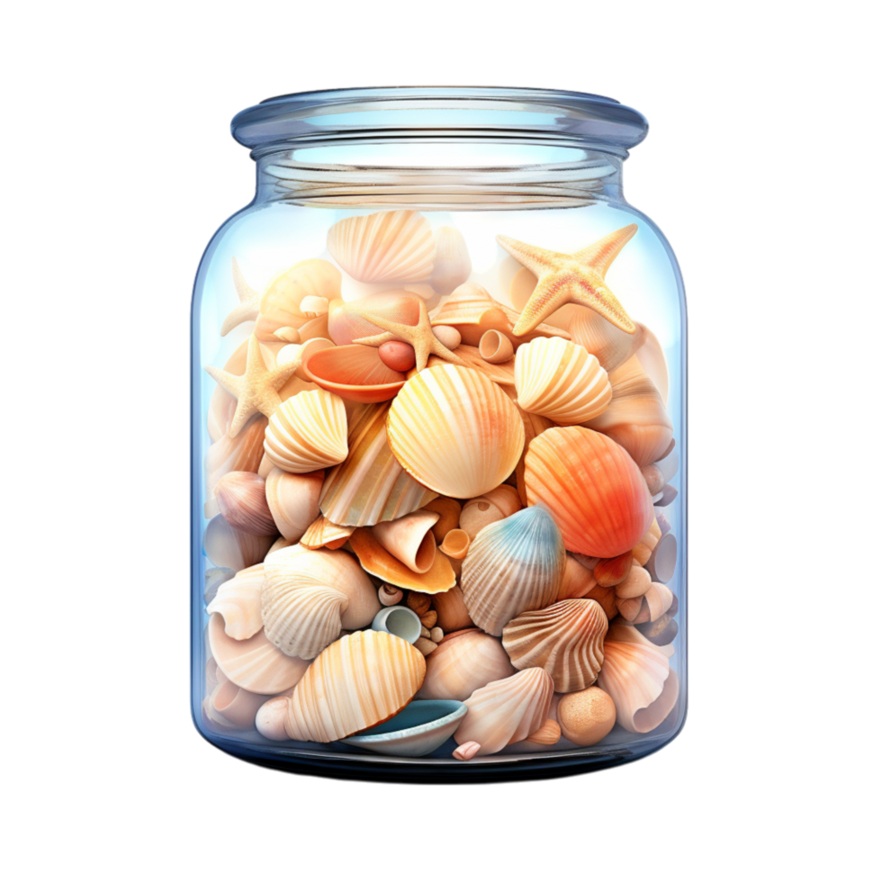 Glass jar filled with colorful seashells and a small starfish inside png