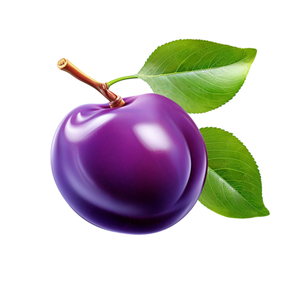 Fresh purple plum with smooth skin and two attached vibrant green leaves png