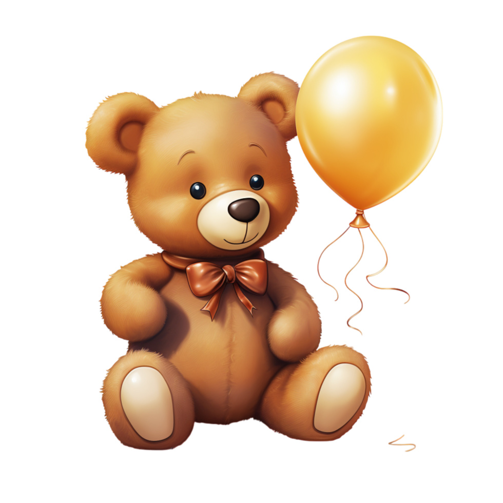 Adorable teddy bear holding a bunch of orange balloons png