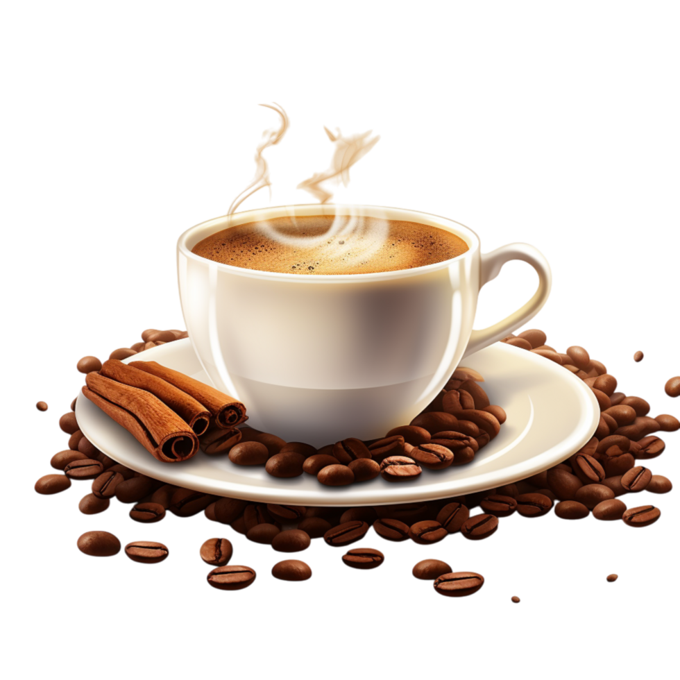 Steaming cup of black coffee with scattered roasted coffee beans png