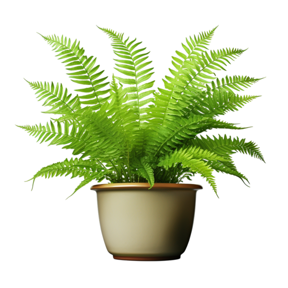 Lush green fern plant with delicate leaves in a brown clay pot png