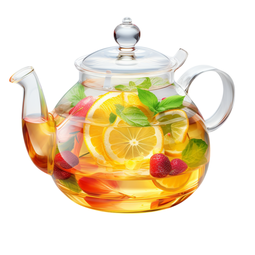 Glass teapot filled with fruit-infused tea and floating citrus slices png