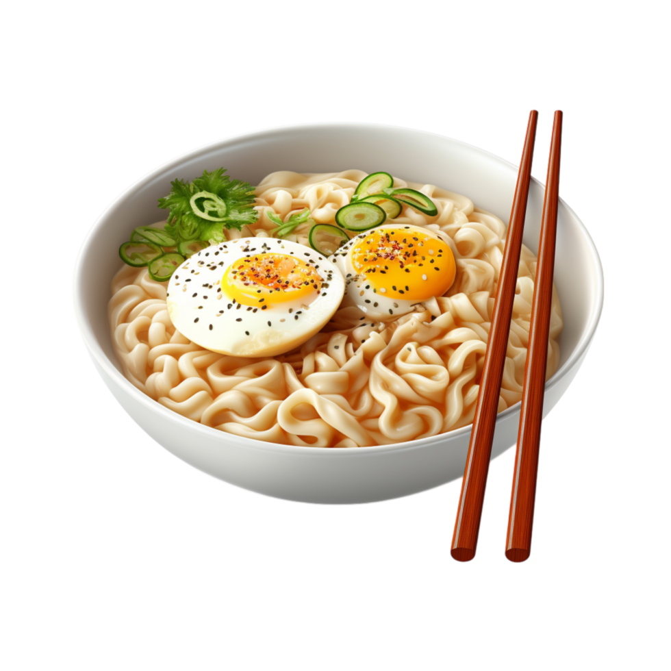 Bowl of hot ramen noodles with a boiled egg and wooden chopsticks png