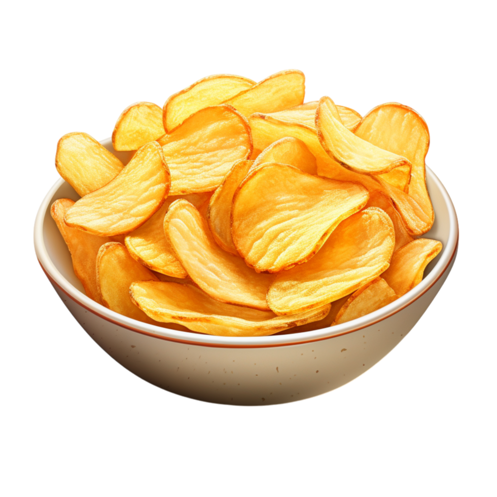 Crispy golden potato chips served in a clean white bowl png