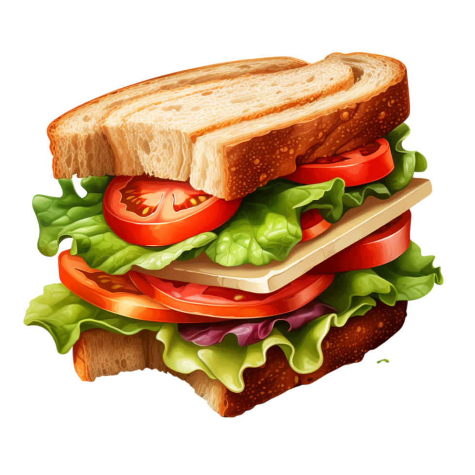 Delicious stacked sandwich filled with layers of fresh ingredients png