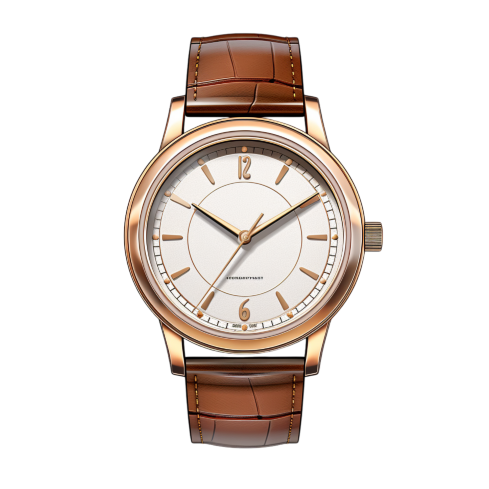 Classic wristwatch with a gold rim, Roman numerals, and leather strap png