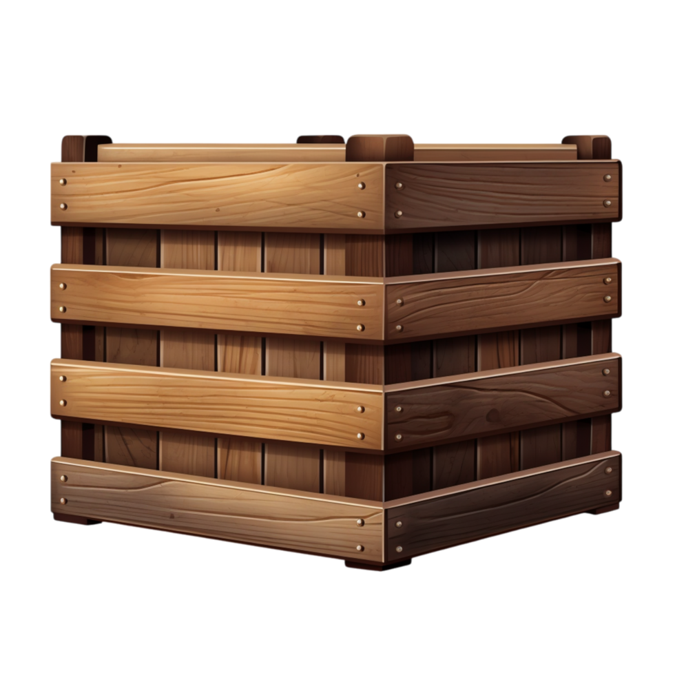 Sturdy wooden crate with metal reinforcements on the edges and corners png