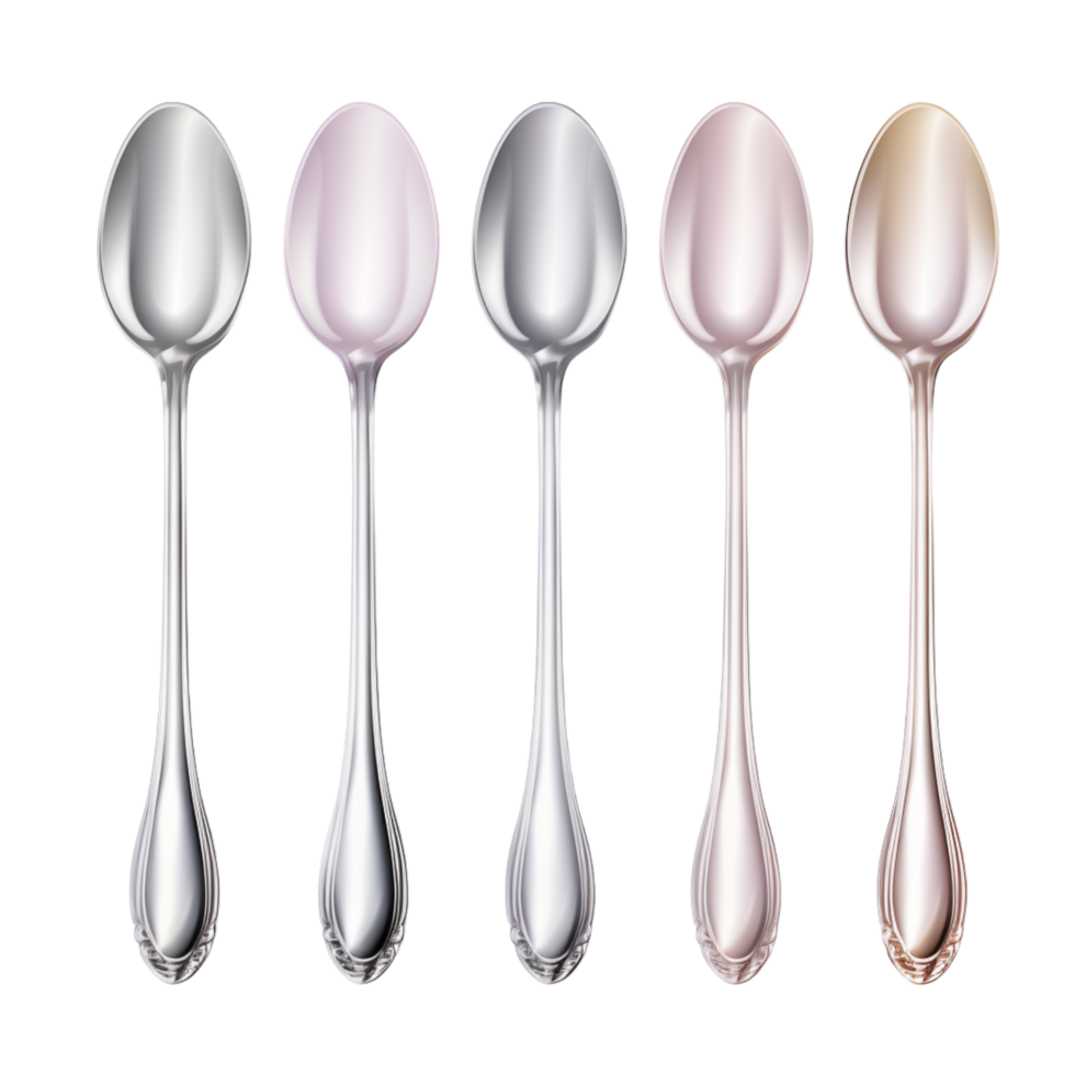 Set of five identical silver spoons aligned in a row png