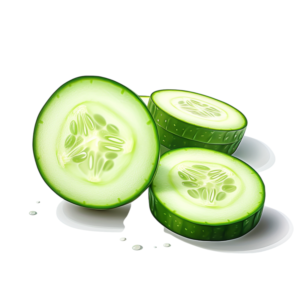 Freshly sliced cucumber pieces with water droplets on them png