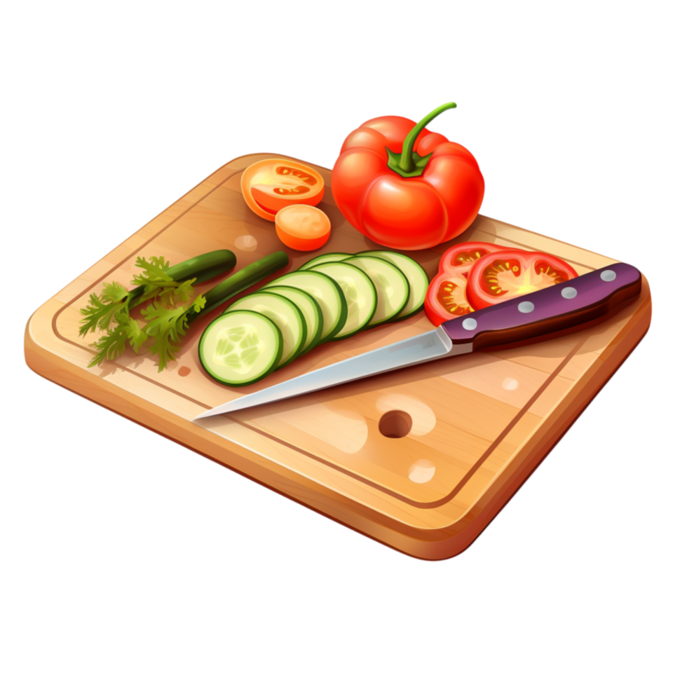 Freshly sliced vegetables neatly arranged on a wooden cutting board png